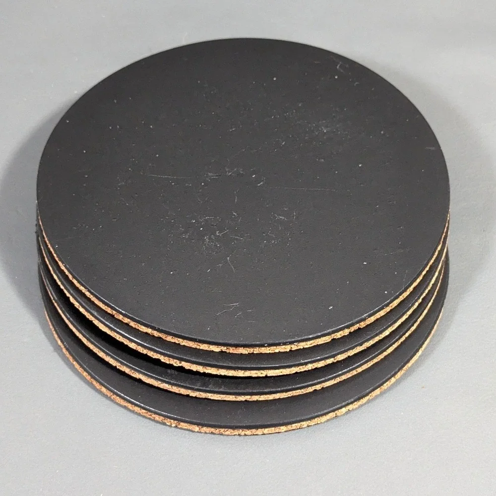 Set of 4 Large Round Black and Cork Coasters 5.75 Inch Circular Tabletop